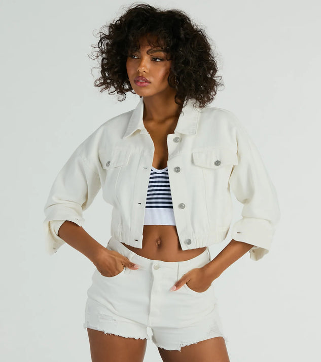 Complete your outfits with the On My Way Trucker Crop Denim Jacket, a white fashion jacket that adds stylish edge and versatile appeal.