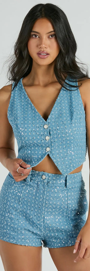 Feeling Flirty Sequin Glitter Denim Vest