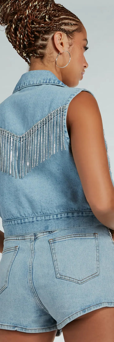 Country Glamour Rhinestone Fringe Denim Vest