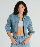 Complete your outfits with the Good Vibes Zip-Up Crop Trucker Denim Jacket, a light blue fashion jacket that adds stylish edge and versatile appeal.