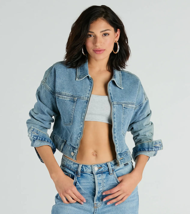Complete your outfits with the Good Vibes Zip-Up Crop Trucker Denim Jacket, a light blue fashion jacket that adds stylish edge and versatile appeal.