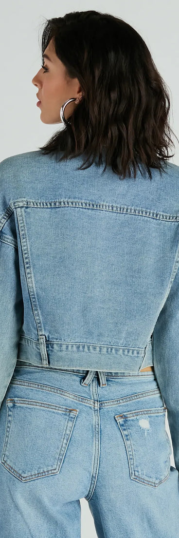 Layer on laid-back style with the Good Vibes Zip-Up Crop Trucker Denim Jacket in light blue, a jean jacket perfect for casual looks with a cool-girl twist.