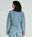 Layer on laid-back style with the Good Vibes Zip-Up Crop Trucker Denim Jacket in light blue, a jean jacket perfect for casual looks with a cool-girl twist.