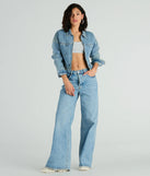 The Good Vibes Zip-Up Crop Trucker Denim Jacket in light blue brings edge and energy to your vibe, ready to elevate any festival look or concert outfit.