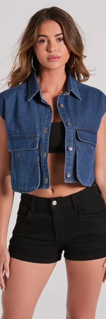 Complete your outfits with the Edgy Mood Pocket Oversized Crop Denim Vest, a dark denim wash fashion jacket that adds stylish edge and versatile appeal.