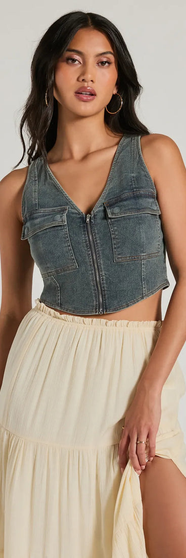 Layer on laid-back style with the Definite Icon Zip Up Pocket Denim Vest in denim blue, a jean jacket perfect for casual looks with a cool-girl twist.