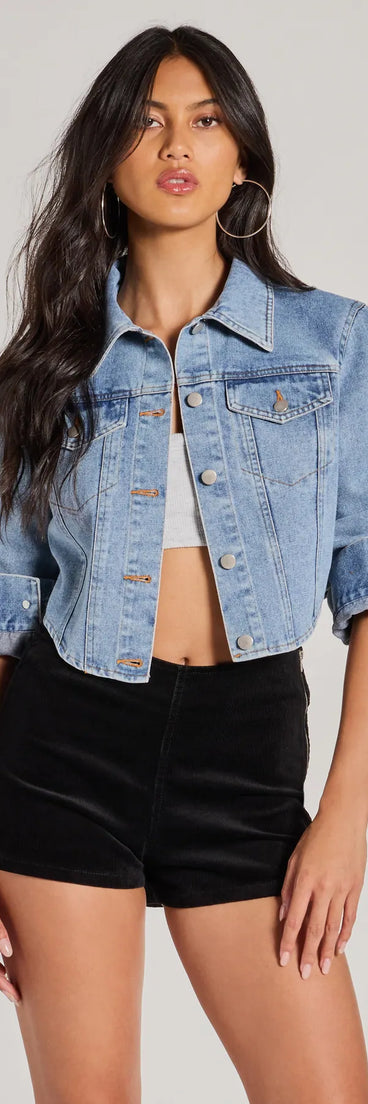 Complete your outfits with the Cute Classic Button Up Crop Denim Jacket, a light blue fashion jacket that adds stylish edge and versatile appeal.