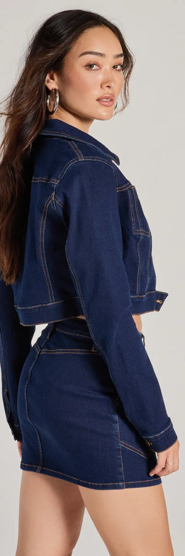 Effortlessly create party outfits or vacation-ready looks with the Covetable Cutie Contrast Stitch Denim Jacket, one part of a versatile women's dark denim matching set perfect for quick and easy outfit combinations from layering chic outfits to transitioning your look seamlessly.