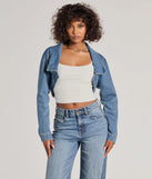 Complete your outfits with the Trendsetting Girlie Long Sleeve Denim Shrug Jacket, a denim blue fashion jacket that adds stylish edge and versatile appeal.