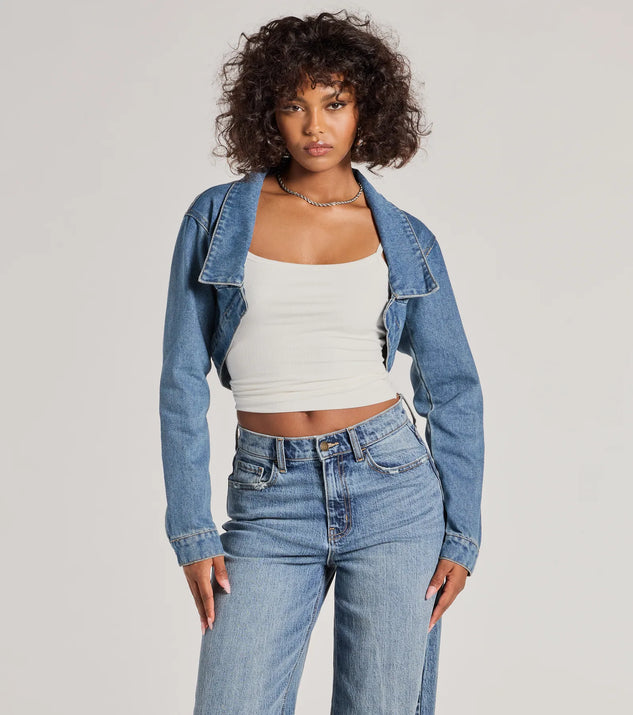 Complete your outfits with the Trendsetting Girlie Long Sleeve Denim Shrug Jacket, a denim blue fashion jacket that adds stylish edge and versatile appeal.
