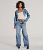 Complete your outfits with the Trendsetting Girlie Long Sleeve Denim Shrug Jacket, a denim blue fashion jacket that adds stylish edge and versatile appeal.