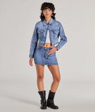 Complete your outfits with the Trendy Classic Cropped Denim Jacket, a denim blue fashion jacket that adds stylish edge and versatile appeal.