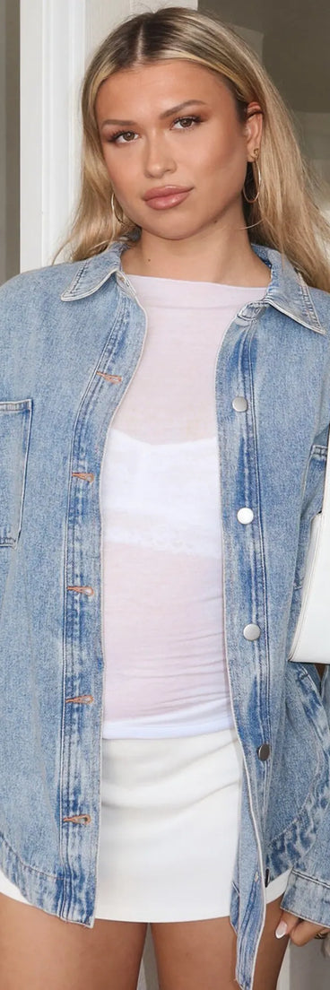 Stay on-trend this season with the Cool Ease Long Sleeve Denim Shacket in denim blue, a must-have for creating stylish and effortless summer outfits for women.