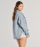 Layer on laid-back style with the Cool Ease Long Sleeve Denim Shacket in denim blue, a jean jacket perfect for casual looks with a cool-girl twist.