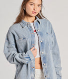 Layer on laid-back style with the Cool Ease Long Sleeve Denim Shacket in denim blue, a jean jacket perfect for casual looks with a cool-girl twist.