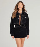 Serve effortless style and scroll-stopping energy in the Contemporary Chic Cropped Flocked Denim Jacket, part of a black matching clothing set that does the work for you with bold, polished vibes from top to bottom.