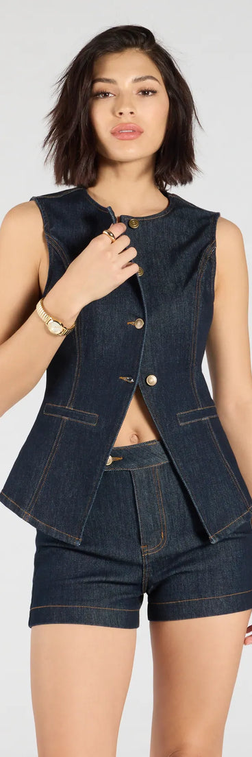 Serve effortless style and scroll-stopping energy in the Exceptional Poise Sleeveless Button Denim Vest, part of a dark denim wash matching clothing set that does the work for you with bold, polished vibes from top to bottom.