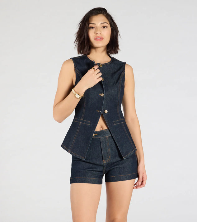Stay on-trend this season with the Exceptional Poise Sleeveless Button Denim Vest in dark denim wash, a must-have for creating stylish and effortless spring outfits for women.