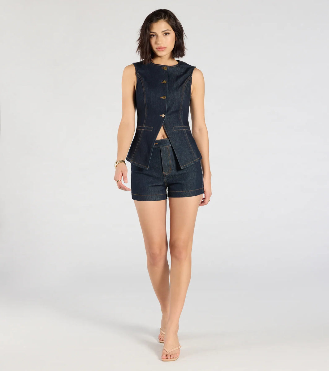 Denim Vest with Button Front Closure and Patch Pocket Detail