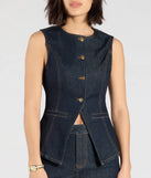 Stay on-trend this season with the Exceptional Poise Sleeveless Button Denim Vest in dark denim wash, a must-have for creating stylish and effortless spring outfits for women.