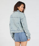 Stay on-trend this season with the Iconic Cutie Bow Trucker Denim Jacket in light blue, a must-have for creating stylish and effortless spring outfits for women.