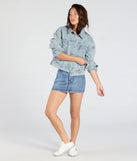 Stay on-trend this season with the Iconic Cutie Bow Trucker Denim Jacket in light blue, a must-have for creating stylish and effortless spring outfits for women.