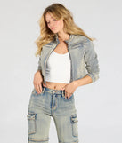 Layer on laid-back style with the Trendy Arrival Denim Moto Jacket in denim blue, a jean jacket perfect for casual looks with a cool-girl twist.