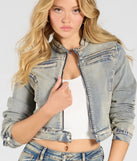 Layer on laid-back style with the Trendy Arrival Denim Moto Jacket in denim blue, a jean jacket perfect for casual looks with a cool-girl twist.