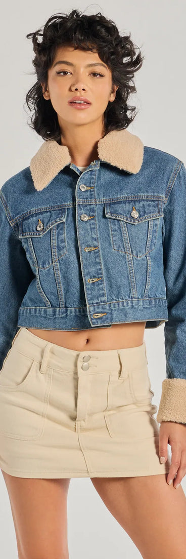 Trendy Faux Sherpa Trimmed Denim Trucker Jacket