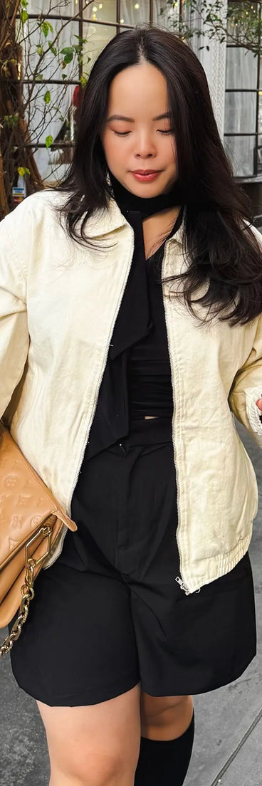 Layer on laid-back style with the Keeping It Cool Oversized Denim Bomber Jacket in beige, a jean jacket perfect for casual looks with a cool-girl twist.