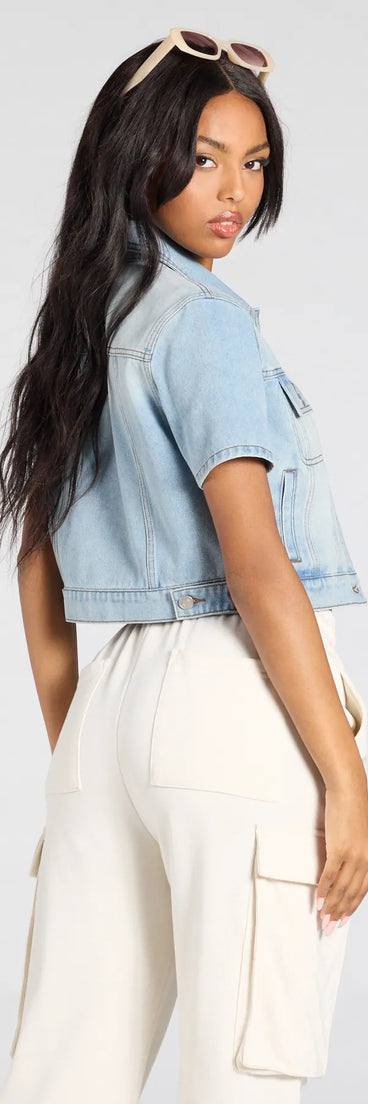 Layer on laid-back style with the Cutely Casual Short Sleeve Denim Jacket in light blue, a jean jacket perfect for casual looks with a cool-girl twist.
