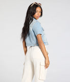 Layer on laid-back style with the Cutely Casual Short Sleeve Denim Jacket in light blue, a jean jacket perfect for casual looks with a cool-girl twist.