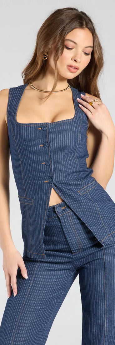 Look instantly put-together in the Fresh Perfection Button Split Denim Vest, part of a matching dark denim wash clothing set designed for chic, no-fuss fall outfits.
