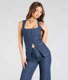 Serve effortless style and scroll-stopping energy in the Fresh Perfection Button Split Denim Vest, part of a dark denim wash matching clothing set that does the work for you with bold, polished vibes from top to bottom.