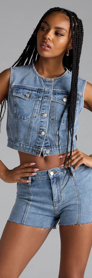 Complete your outfits with the Trendy Mood Cropped Denim Vest, a denim blue fashion jacket that adds stylish edge and versatile appeal.
