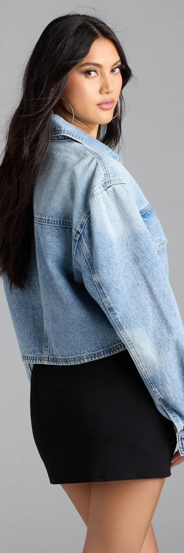 Layer on laid-back style with the Cool Girl Zip Up Crop Denim Jacket in light blue, a jean jacket perfect for casual looks with a cool-girl twist.