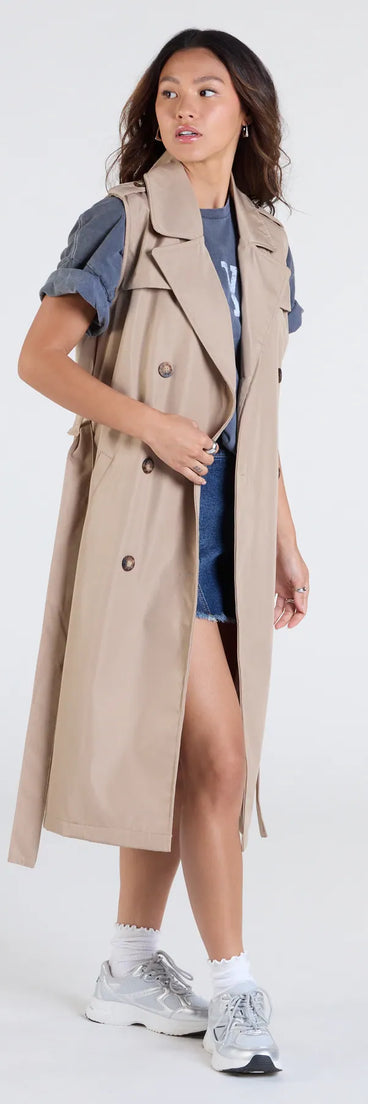 Complete your outfits with the Classic Layer Tie-Front Belted Trench Vest, a tan fashion jacket that adds stylish edge and versatile appeal.