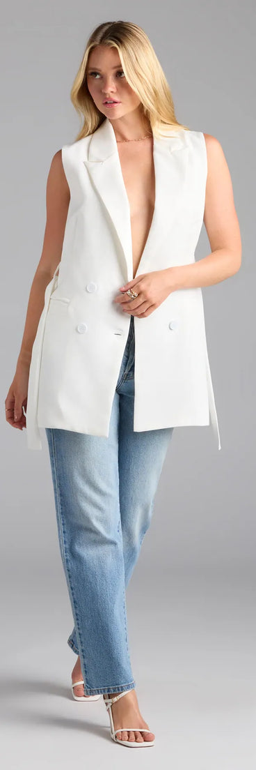 Dress up or down with the Sophisticated Vibe Double-Breasted Longline Vest, a trendy ivory blazer vest that delivers structure and style on the go.