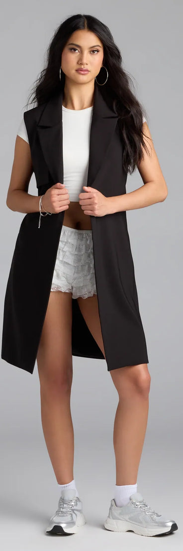 Refresh your wardrobe with the Leave It Me Belted Long Vest, a black fashion jacket that adds statement style to every look.