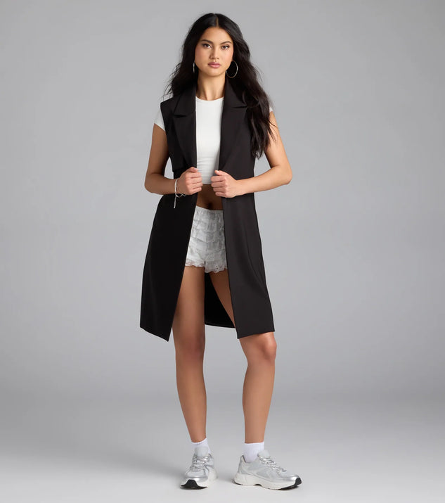 Complete your outfits with the Leave It Me Belted Long Vest, a black fashion jacket that adds stylish edge and versatile appeal.