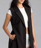 Complete your outfits with the Leave It Me Belted Long Vest, a black fashion jacket that adds stylish edge and versatile appeal.