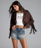 The Stylish Out West Faux Suede Fringe Moto Jacket in brown brings edge and energy to your vibe, ready to elevate any festival look or concert outfit.