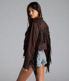The Stylish Out West Faux Suede Fringe Moto Jacket in brown brings edge and energy to your vibe, ready to elevate any festival look or concert outfit.