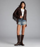 The Stylish Out West Faux Suede Fringe Moto Jacket in brown brings edge and energy to your vibe, ready to elevate any festival look or concert outfit.