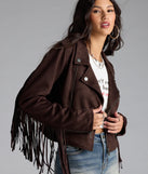 The Stylish Out West Faux Suede Fringe Moto Jacket in brown brings edge and energy to your vibe, ready to elevate any festival look or concert outfit.