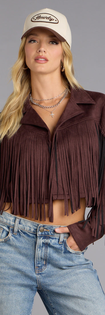 This piece brings trend-right energy to the Trailblazer Faux Suede Fringe Jacket, perfect for fall outfits that stand out.