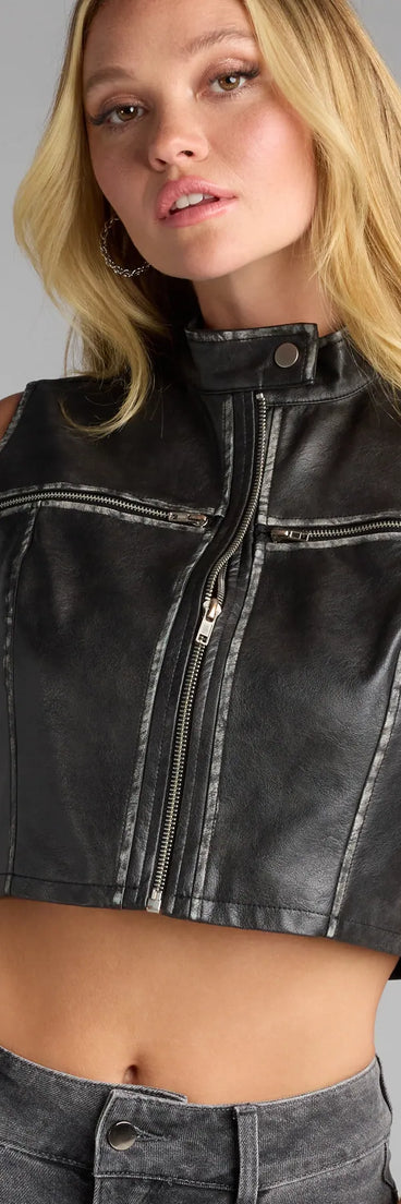 This black piece brings trend-right energy to the Throttle Babe Faux Leather Moto Vest, perfect for fall outfits that stand out.