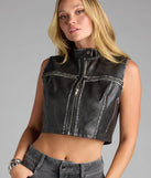Refresh your wardrobe with the Throttle Babe Faux Leather Moto Vest, a black fashion jacket that adds statement style to every look.