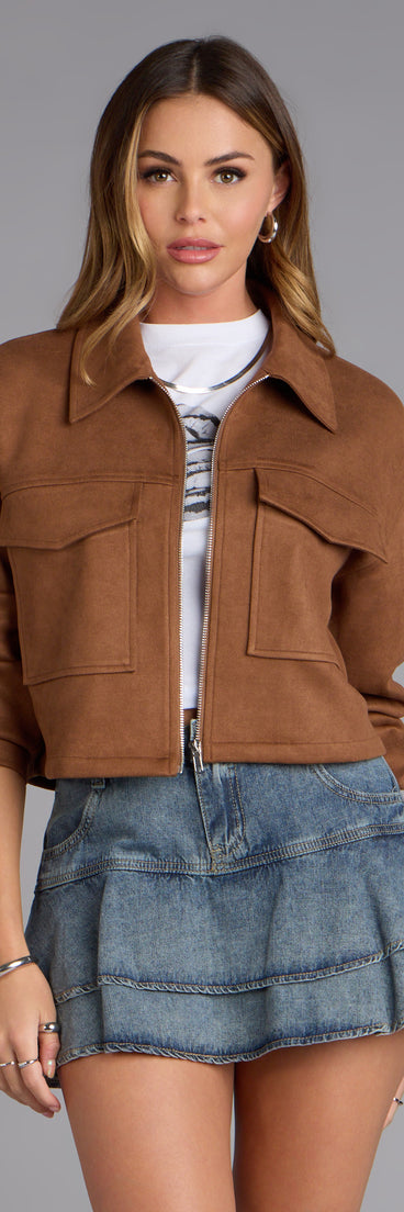 This piece brings trend-right energy to the Suede Crush Collared Crop Jacket, perfect for fall outfits that stand out.