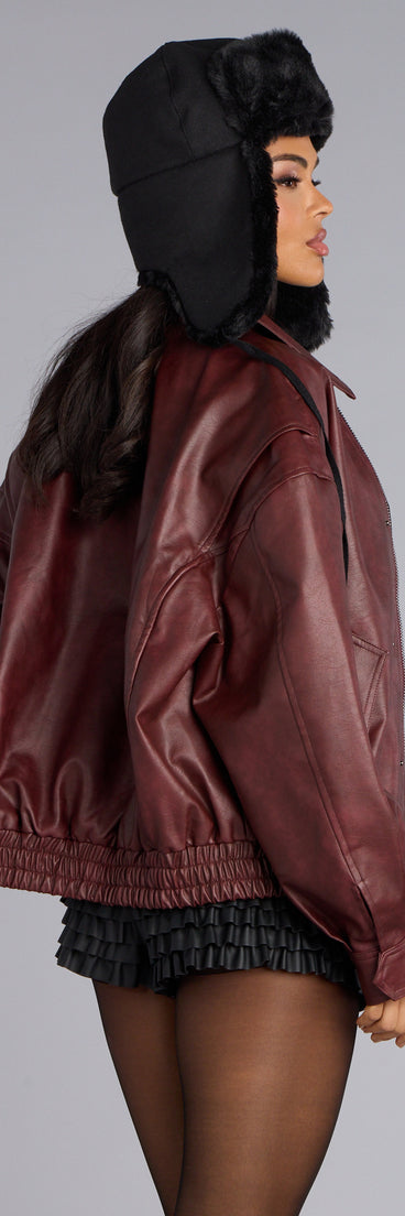 This burgundy piece brings trend-right energy to the City Rebel Faux Leather Bomber Jacket, perfect for fall outfits that stand out.
